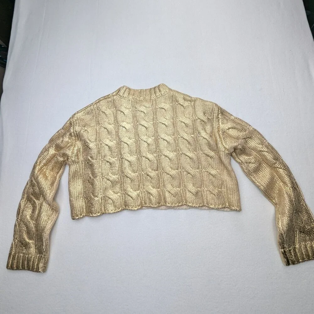 The Nolishop Cropped Cable knit Chunky Women's Sweater - Metalic Gold Size XS